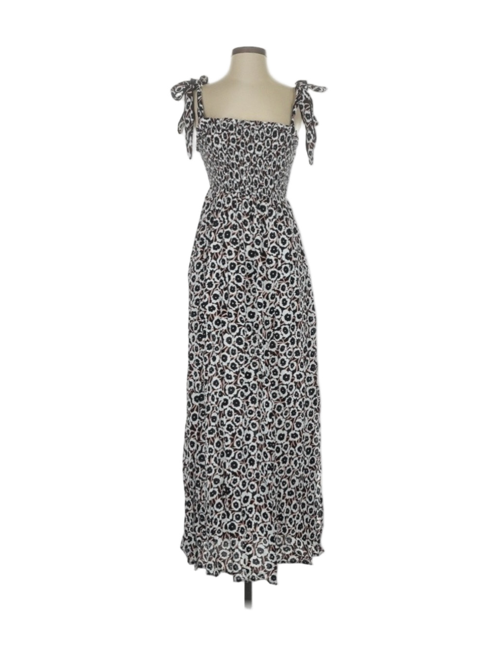 Tie-Shoulder Smocked Maxi Dress in Black and White Floral